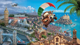 Cartoon flying parachute city background - a large city in the background free wallpaper