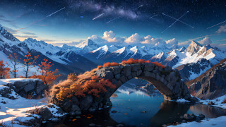 Mountain lake bridge stars night - the mountain free wallpaper
