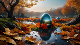 Blue egg pond leaves rocks - a forest in the background free wallpaper for desktop