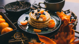 Pancakes blueberries oranges coffee tea - anna hotchkis free wallpaper