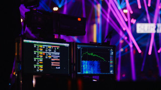 Cyberpunk hologram monitors microphone neon - top of a desk next free wallpaper