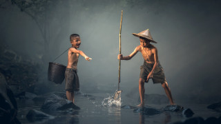 Boys water sticks buckets fishing - a pole free wallpaper for desktop