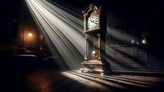Clock wooden floor lightbeam darkroom - abstract illusionism free wallpaper