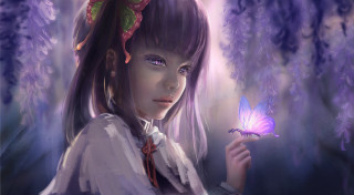 Girl butterfly purple background flowers - flower free wallpaper for desktop