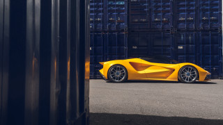 Yellow sports car shipping container - cubofuturism free wallpaper for desktop