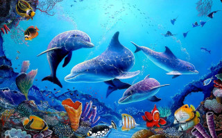 Dolphins swimming ocean corals fish - pointillism free wallpaper for desktop