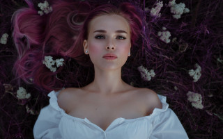 Pink haired woman flower field - pink hair free wallpaper for desktop