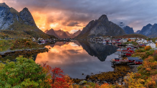 Sunset village mountains lake dock - artur grottger free wallpaper