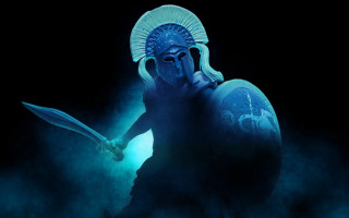 Blue costumed man sword shield - smoke behind free wallpaper