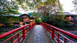 Red bridge stream park houses - japan eishōsai chōki free wallpaper