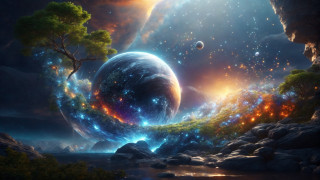 Planet tree lake space matte - a tree in the middle of it free wallpaper