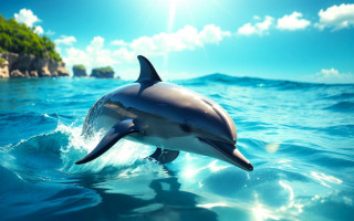 Dolphin ocean island rock sun - a bright sun free wallpaper