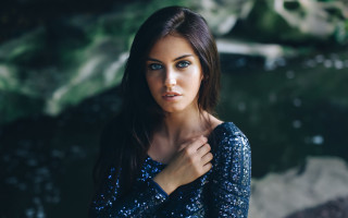 Woman blue dress waterfall portrait - charlotte harding free wallpaper