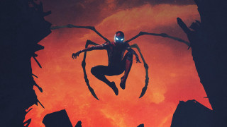 Spiderman flying city night red - a red sky in the background free wallpaper