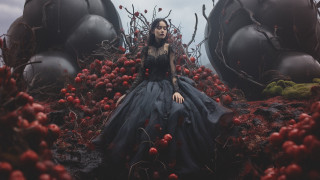 Woman black dress berry field - a storybook illustration free wallpaper