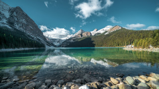 Mountain lake rocks trees sky 2 - a few mountain free wallpaper for desktop