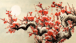 Tree red flowers snow moon - eyvind earle free wallpaper for desktop