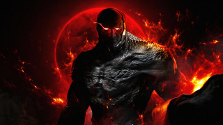 Fiery man red eyes flames - a red circle free wallpaper