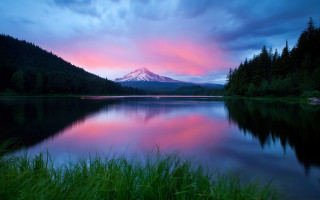 Mountain lake pink sky forest - a mountain free wallpaper for desktop