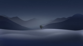 Lone tree snowy night mountains - volumetric free wallpaper