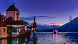 Boat castle mountains dusk magic - beautiful scenery free wallpaper