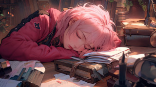 Girl sleeping books desk fantasy - nearby free wallpaper