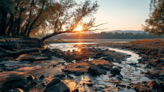 Sunset river woods mountains autumn - river free wallpaper