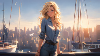 Romanticism woman harbor city boat - over her free wallpaper for desktop