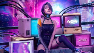 Cyberpunk woman neon tvs hologram - a neon background free wallpaper