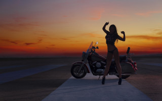 Woman motorcycle sunset beach figuration - a red sky free wallpaper for desktop