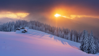 Snowy mountain house sun clouds - a house free wallpaper