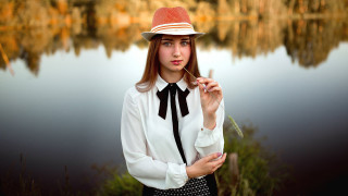 Woman hat dress lake cigarette - free vintage wallpaper
