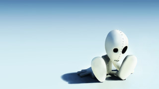White robot sitting legs spread - its leg free wallpaper
