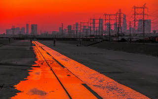 Sunset traintrack redsky mattepainting saturatedcolors - a red sky free wallpaper
