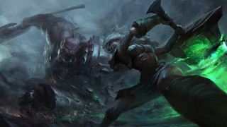 Futuristic woman axe demon forest - a demon in the background free wallpaper