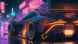 Futuristic car neon hood wet - a wet street free wallpaper