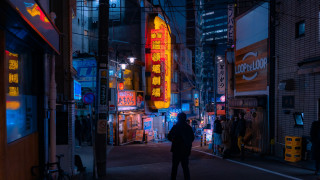Neon street night cyberpunk people - the sidewalk free wallpaper