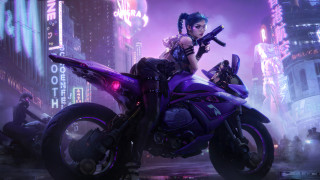 Futuristic city motorcycle woman night - her hand and a gun free wallpaper