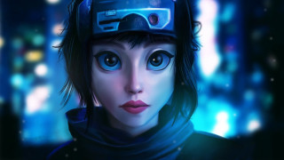 Woman vr headset city night - anime art style free wallpaper for desktop