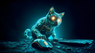 Cat glowing eyes keyboard earth - ultra realistic digital art free wallpaper for desktop