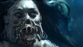 Skeleton fish aurora space night - a digital painting style free wallpaper