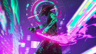 Futuristic woman neon sword cyberpunk - a neon background free wallpaper