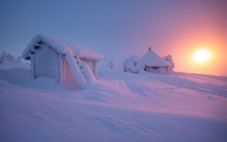 Snowy hut sun clouds mountain - artur grottger free wallpaper