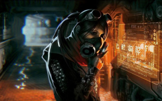 Dystopian cyberpunk gasmask gun cityscape - dystopian art free wallpaper