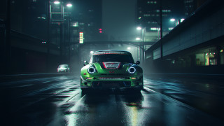 Green car night city lights 2 - a wet street free wallpaper for desktop