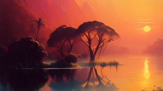 Sunset trees water boat orange - a painting of a sunset free wallpaper