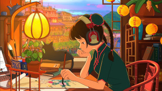 Girl headphones laptop cat chinese - chen lin free wallpaper