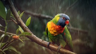 Colorful bird rainy branch green - free rain wallpaper for desktop