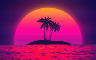Sunset palm island ocean waves - retrowave free wallpaper