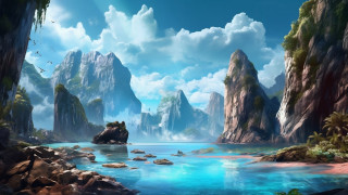 Mountain lake forest sky clouds 5 - a painting of a mountain lake free wallpaper